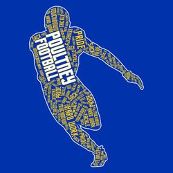 two color football t-shirt design with word art inside running back shape.  Larger school name and word football inside outline in contrasting color.
