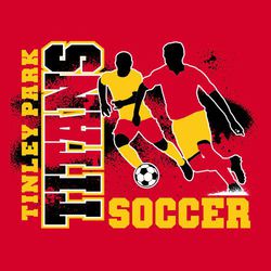 three color soccer t-shirt design. Male soccer defender chasing offensive player driving the ball.  Splatter background.  Team name and large mascot name up left side of design.