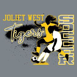 three color soccer t-shirt design. two female players battling over a soccer ball.  Splattered background.  Block school name upper right, script mascot name below that.  Large word soccer down right.
