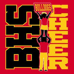 three color cheerleader t-shirt design. Female cheerleader performing shoulder stand on male cheerleader while holding a banner with mascot name.  Large word cheer down one side.