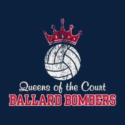 two color volleyball t-shirt design with crown on volleyball.  Script "Queens of the Court" above athletic block lettering school and mascot name.