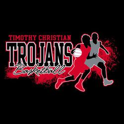 Three color basketball t-shirt design with male player dribble driving past an opponent.