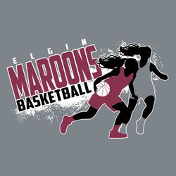 three color basketball t-shirt design with female player dribble driving past opponent.  Background splatter with school and mascot name in block lettering.