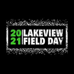 two color field day t-shirt design with school name stacked over field day and stacked year on the left side.  Lettering is inside a distressed rectangular frame.