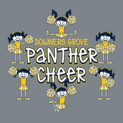 three color cheerleader t-shirt design.  Young cartoon style cheerleaders in various poses arranged around school name stacked over large mascot name and word CHEER.