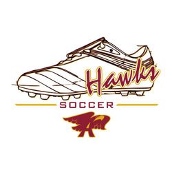 three color soccer t-shirt design with script mascot name over right side of large soccer shoe.  Line below shoe with word soccer centered.  Mascot at the bottom.