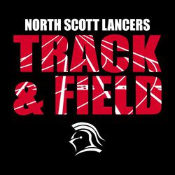 two color track t-shirt design.  Track & Field large and stacked as the centerpiece.  Track lanes placed inside lettering.  School and mascot name on one line at the top, mascot placed on the bottom.