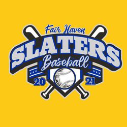 three color baseball t-shirt design.  Crossed bats and a baseball on home plate.  School name in script at the top, large block mascot name and script word "baseball" below that.  Star ribbon banner.