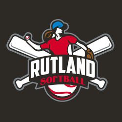 five color softball t-shirt design with player in front of crossed bats and a softball.  Large arched school name over lower half of player and word softball below that inside a banner.
