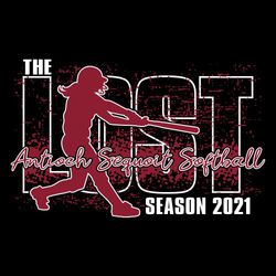 two color softball t-shirt design with latter swing over large word "LOST".  The Lost Season 2020.  School and mascot name in script over player and word lost.  Splatter background.