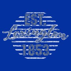 two color vintage t-shirt design.  Circular lined background with large "EST." at top, script organization name, and date below that.