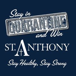 Two color quarantine t-shirt design.  Stay in and win. Stay Healthy, Stay Strong.  Hospital or business logo below art.