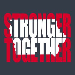two color spirit wear t-shirt design.  Stronger Together stacked in bold letters with the state of Iowa inside lettering in alternate color.