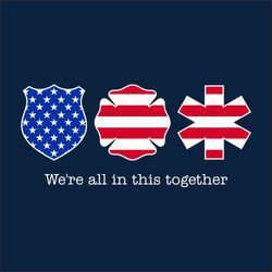 three color EMS, Fire Department, and Police t-shirt design.  Police shield, fire emblem and medical services emblem with USA flag in shapes.  We're all in this together.