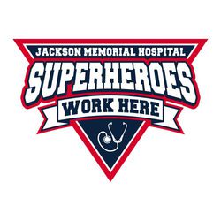 two color Superhero Healthcare design.  Shield with SUPERHEROES over it.  Banner below that with "work here".  Organization name at the top.  Stethoscope in bottom corner of shield.