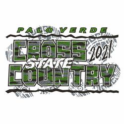 three color cross country t-shirt design.  Shoe prints in background.  Large lettering State Cross Country with patterns in letter.
