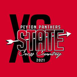 two color state cross country t-shirt design.  Large XC in background with STATE over the top.  Lines through word state. Arrow under word state.