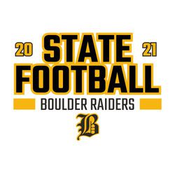 two color state football t-shirt design with large, block style lettering "STATE FOOTBALL" stacked and centered.   School information and mascot stacked below it.