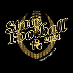 two color state football t-shirt design.  Stylized half-tone football in background.  Large State Football lettering stack over ball.  Mascot or school logo in point of ball.