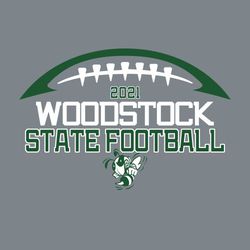 two color state football t-shirt design.  Stylized half ball and laces over year, school name, and state football stacked.   Mascot at the bottom.