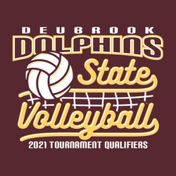 two color state volleyball t-shirt design with volleyball over volleyball net. State Volleyball in round highlighted script font.
