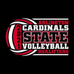 state volleyball t-shirt design with multicolored panel ball.  Mascot name, large word State and volleyball stacked and cut into ball.