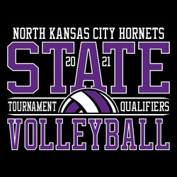 two color state volleyball t-shirt design with Large word STATE over half ball.  Large word Volleyball below ball.  Team info at top, year inside word State, tournament qualifiers on each side of ball
