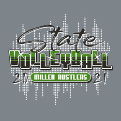 three color state volleyball t-shirt design with cascading dots in the background.  Rough Script word State over word Volleyball.  Sparkles on word volleyball.   Team info in oval at bottom.