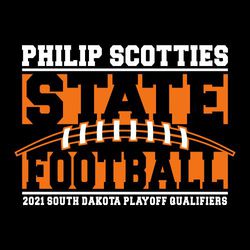 two color state football t-shirt design.  STATE FOOTBALL stacked on two lines reversed against colored rectangles.  Laces over the lettering.  Team and event info at top and bottom.