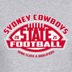state football t-shirt design with circle text team and mascot name at top, stylized football with large word STATE inside it.  Football in rectangle below it.  Event info at bottom.