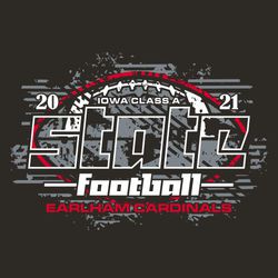 three color state football t-shirt design.  Heavily distressed football and word state.  Block style letters.
