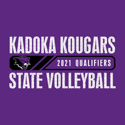 Two color state volleyball t-shirt design. Large school and mascot name at the top, state volleyball at the bottom with mesh distress.  Bar in middle with mascot and qualifier info.