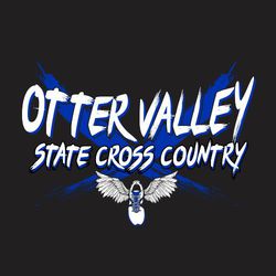 two color state cross country t-shirt design. School name stacked over words State Cross Country in brush type script.  Winged shoe at the bottom.  Large X in background.
