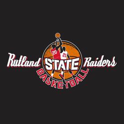 three color state basketball t-shirt design.  Team and mascot names in script on opposite sides of basketball.  Player shooting a ball over defender and word STATE over ball.   Word basketball below.