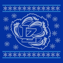 two color ugly sweater design with large mascot or logo and snowflakes.