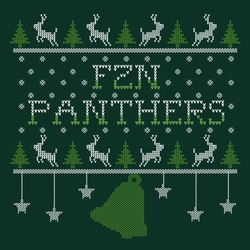 two color ugly Christmas sweater or t-shirt design.   Hanging bell and stars.  Reindeer and Christmas trees.  School and mascot name in two color stitch lettering.