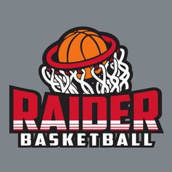 four color basketball t-shirt design.  Ball going through hoop with stylized laces and rim.  Mascot name reverse arched over net and word basketball at the bottom.