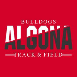 two color track t-shirt design with large school name diagonally split into colors.  Mascot name small at the top, Track & Field small at the bottom with 2 lines.