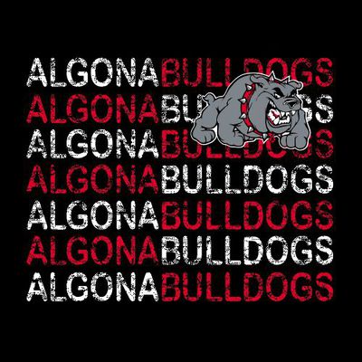 Three color spirit wear t-shirt design with mascot on left chest area.  Distressed lettering in the background with school name and mascot name in alternating colors.