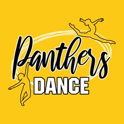 two color dance t-shirt design.   Large script mascot name with swirl in the background.  Two dancer outlines placed on swirl.  Large, block lettering, word "dance" at the bottom.