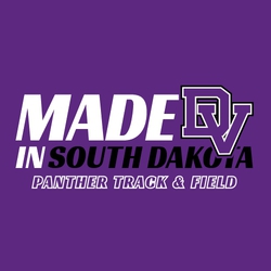 two color track and field t-shirt design with "Made In" theme.  State name after Made In, Mascot on upper right.  Mascot name and track & field in outline text at the bottom.