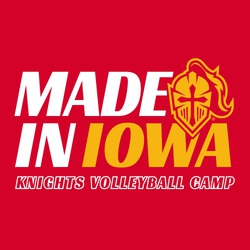 two color volleyball t-shirt design with "Made In" theme.  Made in with state name, mascot on upper right.  Mascot name with words volleyball camp in outline font at the bottom.