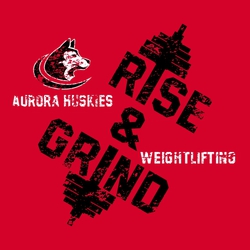 two color weightlifting t-shirt design.  "Rise and Grind with weights running diagonally down design.  Mascot and team info at the upper right, word weightlifting lower right.  Distressed.