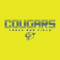 two color track t-shirt design.  Mascot name with shaded line effect above small letters "TRACK AND FIELD".  Mascot at the bottom.