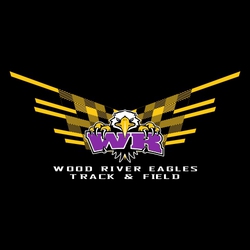 three color track t-shirt design.  Mascot small centered on stylized wings.  Wings have cross hatched pattern.  Smaller school and mascot name on a line of text stacked over the words "track & field".
