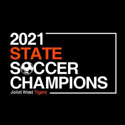 two color state soccer champion t-shirt design with stacked text and soccer ball for the "O" in the word soccer.