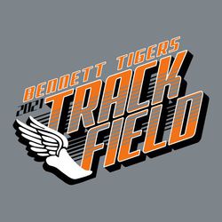 three color track t-shirt design.  Large Diagonal word TRACK stacked over word FIELD. Winged foot left of words.  Lines running behind and through words. School and mascot name on one line above art.