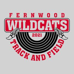 two color track t-shirt design. School name over large mascot name in bounding box.  Winged feet over sides of box.  Track curved section under box.  Track and field in circle text below track.