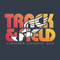 three color track and field t-shirt design.  Track & Field stacked with faded fill and diagonal lines.  Winged foot over lettering with diagonal lines.  School, mascot name and year at bottom.