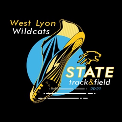 three color state track and field t-shirt art.  Track shoe over circle.  School name and mascot on the upper left, mascot image and state track and field on the lower right.  Movement lines.